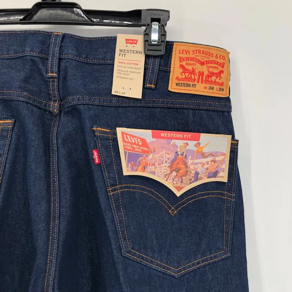 NEW Levi's Western Fit Jeans Mens 38x29 Straight Leg 100% Cotton Blue Denim Dark